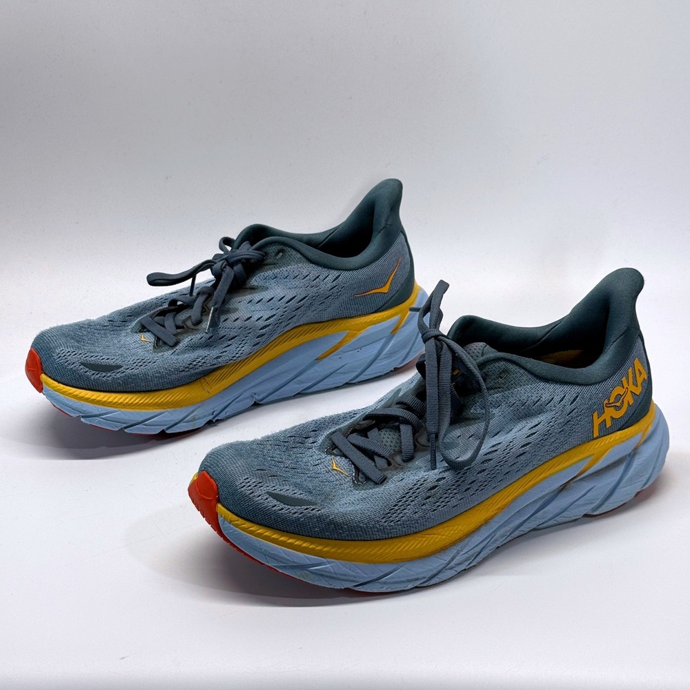 Hoka Clifton 8 Running Shoes Mens 8.5 2E Blue Yellow Athletic Sneakers